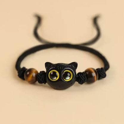 Mythstone Cute Ebony Wood Cat Head Pattern Peace Bracelet