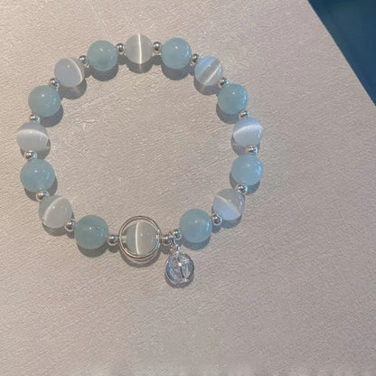 Mythstone 925 Sterling Silver Cat's Eye Aquamarine Support Charm Bracelet