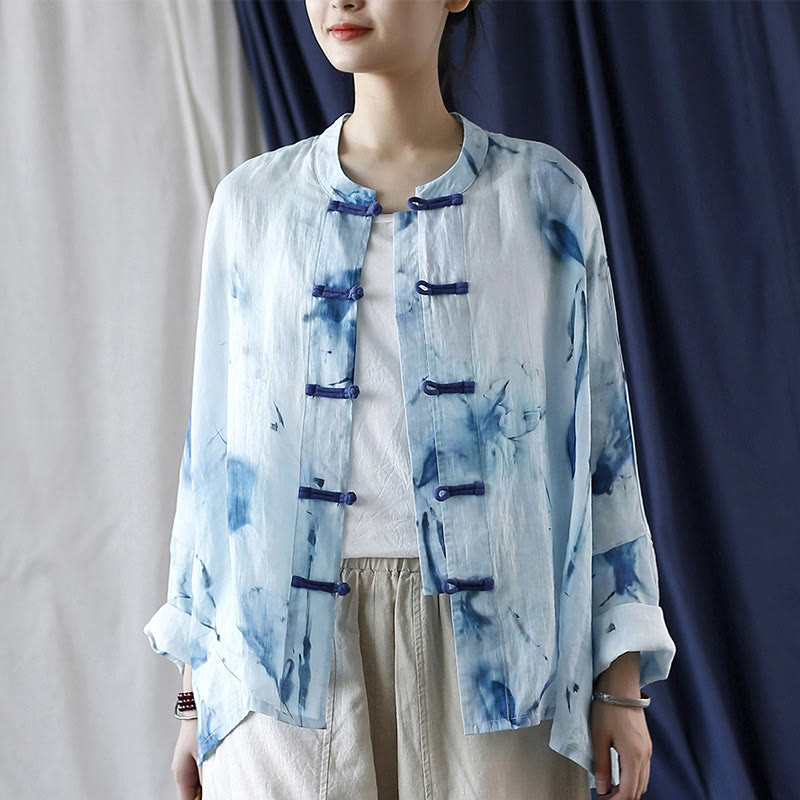 Mythstone Tie Dye Blue Flowers Frog-Button Design Long Sleeve Ramie Linen Jacket Shirt