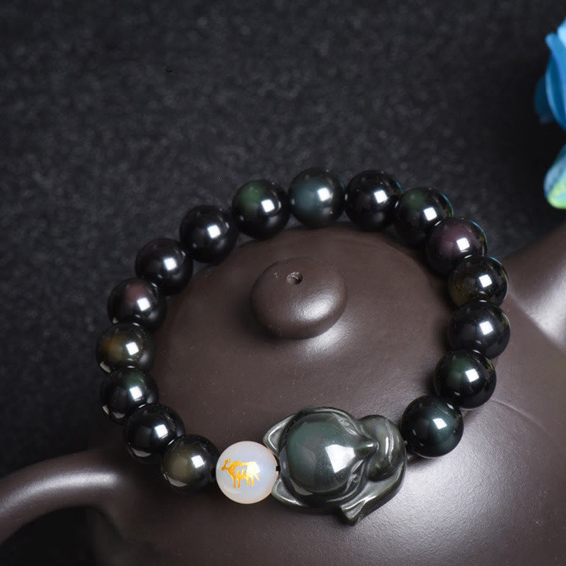 Mythstone Natural Rainbow Obsidian Gold Sheen Obsidian Silver Sheen Obsidian Fox Healing Bracelet