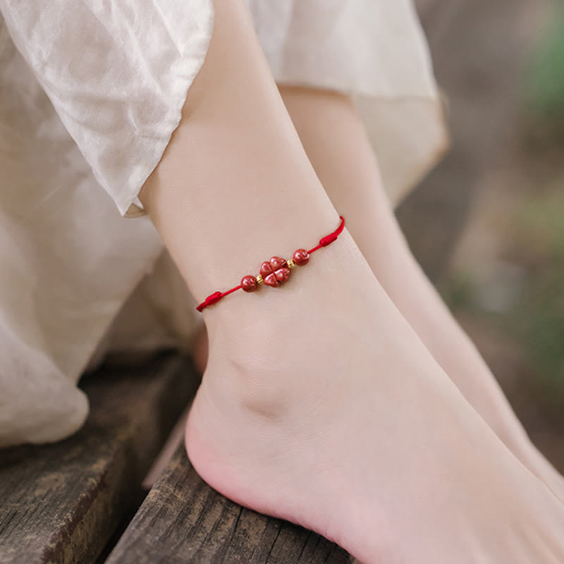 Pulsera de tobillo con trébol de cuatro hojas y cinabrio que bendice la calma