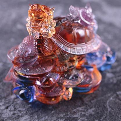 Mythstone Feng Shui Dragon Turtle Coins Handmade Liuli Crystal Luck Art Piece Home Office Decoration