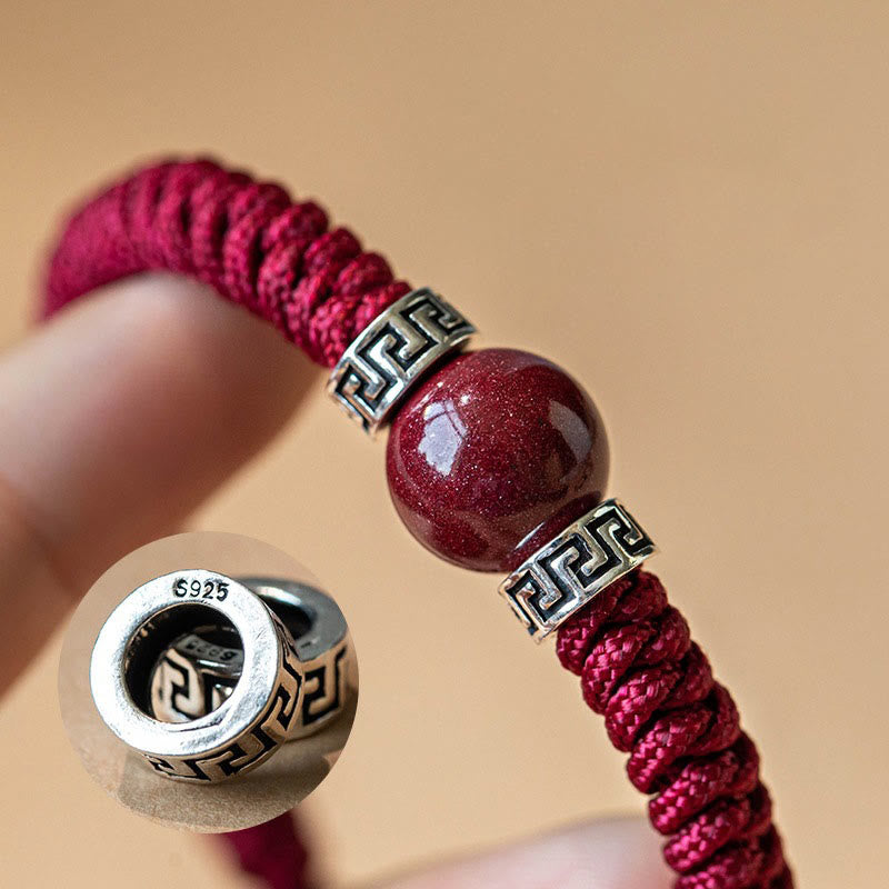 Mythstone 925 Sterling Silver Natural Cinnabar Bead Calm Handmade Braided String Bracelet