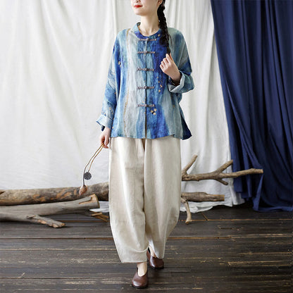 Mythstone Blue White Beige Small Flower Frog-button Design Long Sleeve Ramie Linen Jacket Shirt