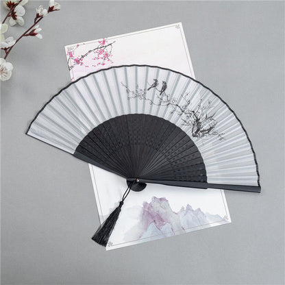 Mythstone Mountains Plum Blossom Lotus Magpie Bamboo Leaves Handheld Silk Bamboo Folding Fan 22.5cm