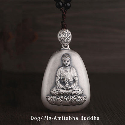 Collar con colgante de protección grabado con el sutra del corazón de Buda natal del zodíaco chino en plata de ley 999 de Mythstone 