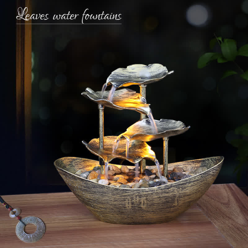 Mythstone Lotus Leaf Shaped Waterfall Fountain Tabletop Ornaments With LED Light Home Office Desktop Decoration