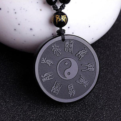 Mythstone Natural Black Obsidian Taoism Five Sacred Mountains Nine-Character Mantra Carved Strength Yin Yang Necklace Pendant Key Chain