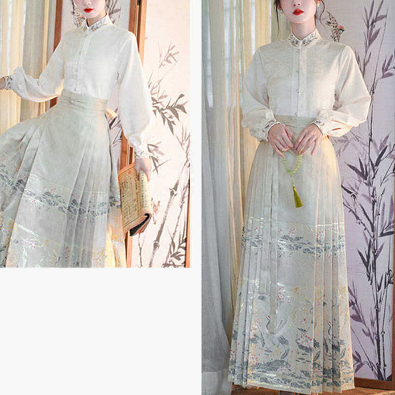 Mythstone Long Sleeve Shirt Top Chinese Hanfu Crane Lotus Printed Horse Face Skirt Mamianqun