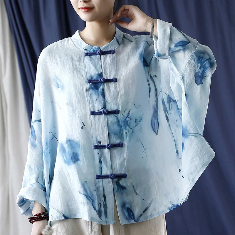 Mythstone Tie Dye Blue Flowers Frog-Button Design Long Sleeve Ramie Linen Jacket Shirt