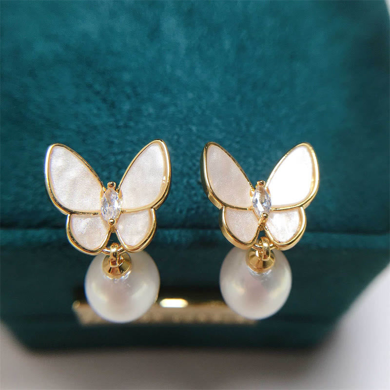 Mythstone 925 Sterling Silver Posts 18K Gold Plated Copper Pearl Butterfly Optimism Stud Earrings