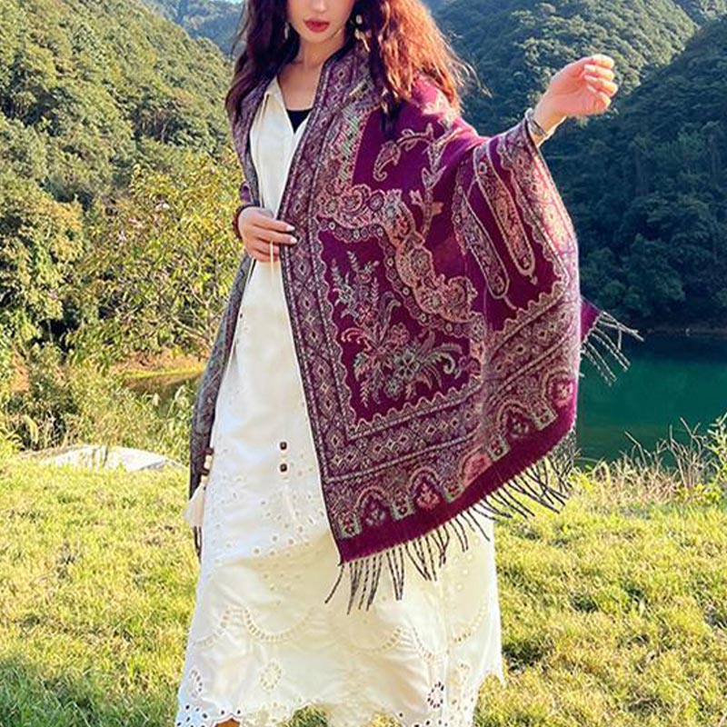 Mythstone Vintage Tibetan Leaves Pattern Design Shawl Cozy Travel Scarf Wrap