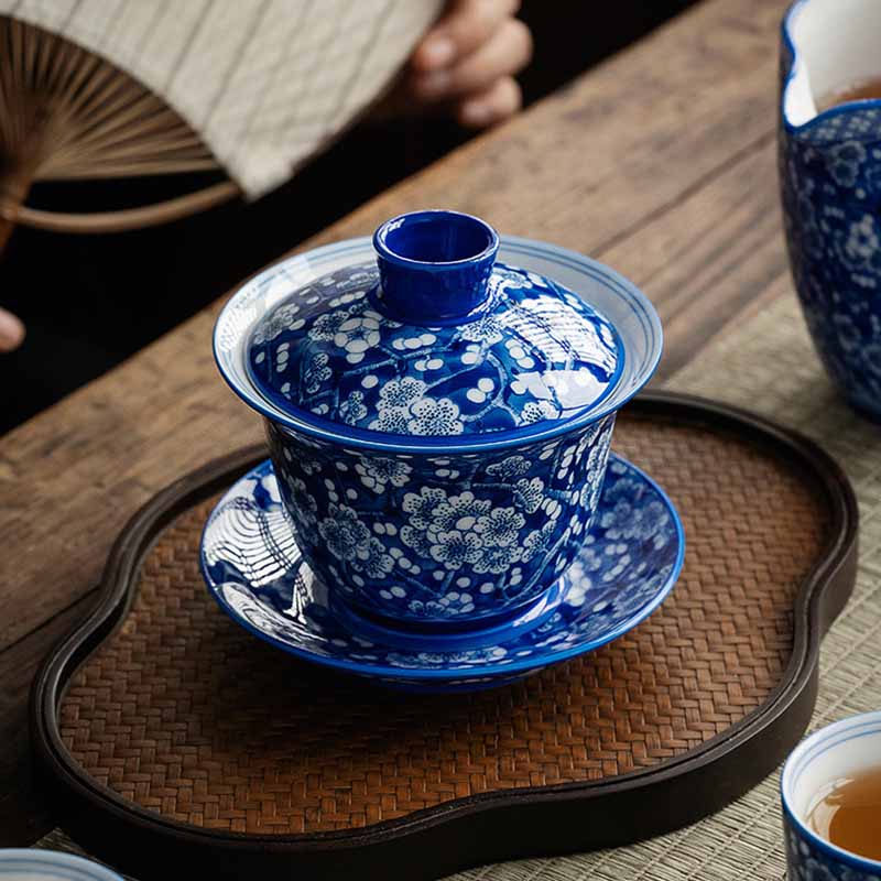 Mythstone Plum Blossom Blue And White Porcelain Ceramic Gaiwan Sancai Teacup Kung Fu Tea Cup And Saucer With Lid 185ml