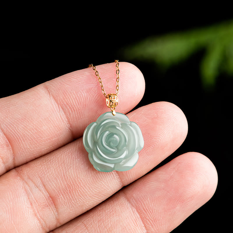 Mythstone 18K Gold 925 Sterling Silver Natural Jade Rose Luck Necklace Pendant