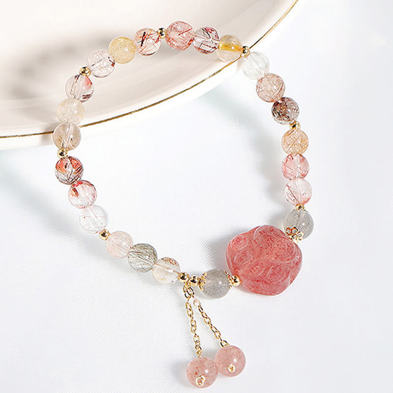 Mythstone Natural Strawberry Quartz Cat Paw Claw Colorful Rutilated Quartz Moonstone Love Bracelet