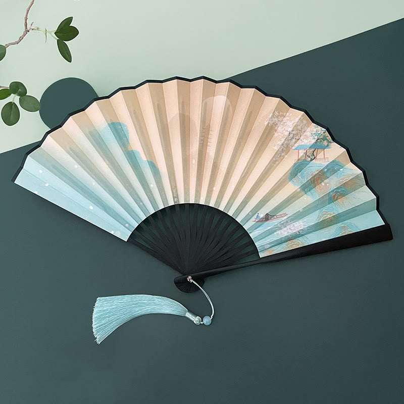 Mythstone Retro Lotus Flower Leaf Mountain Lake Handheld Folding Fan With Bamboo Frames