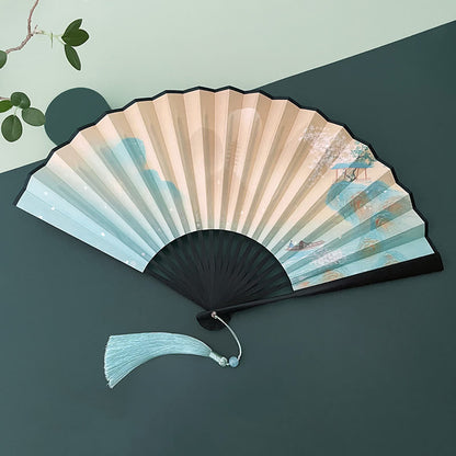 Mythstone Retro Lotus Flower Leaf Mountain Lake Handheld Folding Fan With Bamboo Frames