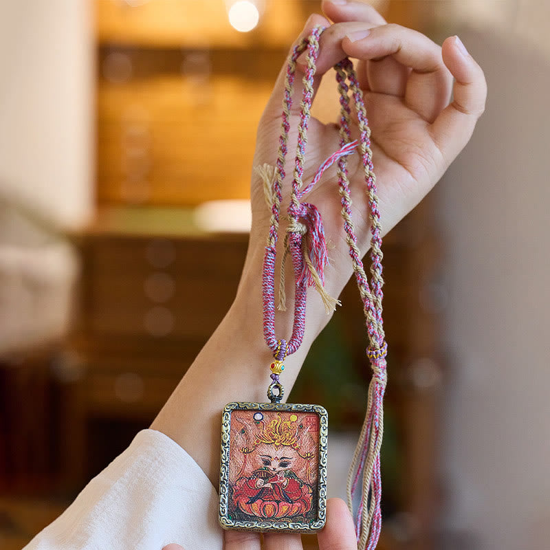 Mythstone Tibetan Hand-Painted Thangka Nine-Tailed Fox Luck Necklace Pendant