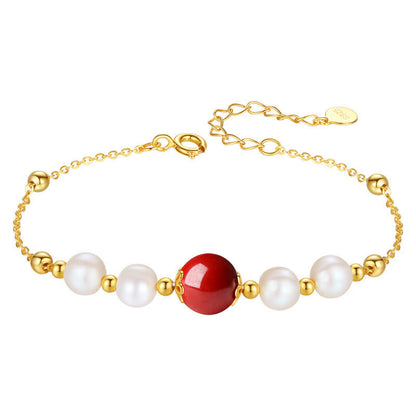 Mythstone 925 Sterling Silver Pearl Cinnabar Healing Bead Chain Bracelet