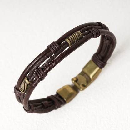 Mythstone Vintage Leather Wrist Band Brown Rope Layered Bracelet Bangle