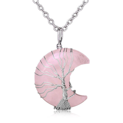 Mythstone Natural Quartz Crystal Moon Tree Of Life Healing Energy Necklace Pendant