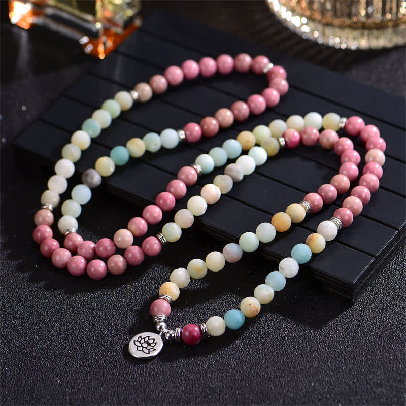 Mythstone Lazurite Picasso Jasper Amazonite Rhodonite Apatite Positive Lotus Prayer Bead Bracelet