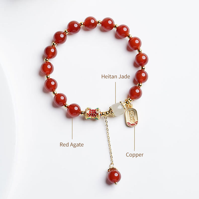 Mythstone Natural Red Agate Hetian Jade Fu Character Confidence Charm Bracelet