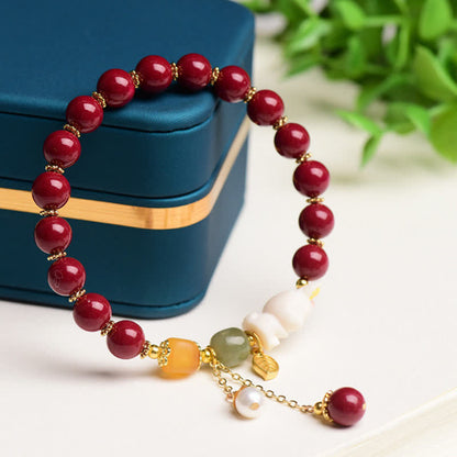 MythStone Year of the Rabbit Cinnabar Hetian Jade Bunny Beaded Blessing Bracelet