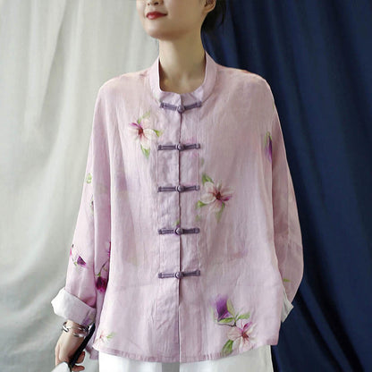 Mythstone Pink Flower Print Frog-button Design Batwing Long Sleeve Ramie Linen Jacket Shirt