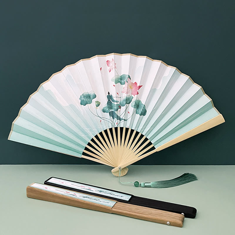 Mythstone Retro Lotus Flower Leaf Mountain Lake Handheld Folding Fan With Bamboo Frames