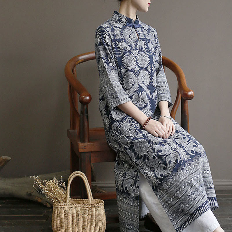 Mythstone Blue And White Porcelain Pattern Frog-button Midi Dress Three Quarter Sleeve Linen Batik Dress With Pockets