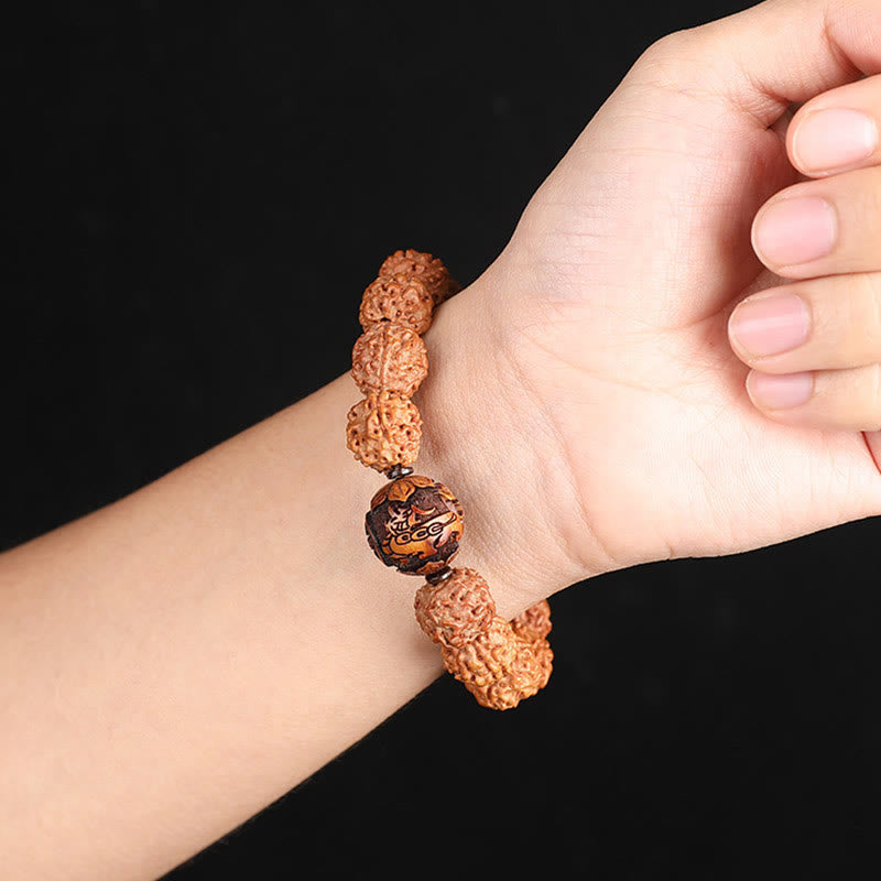 Pulsera de la suerte y la riqueza con moneda de cobre PiXiu y semilla de Bodhi de Rudraksha del Tíbet