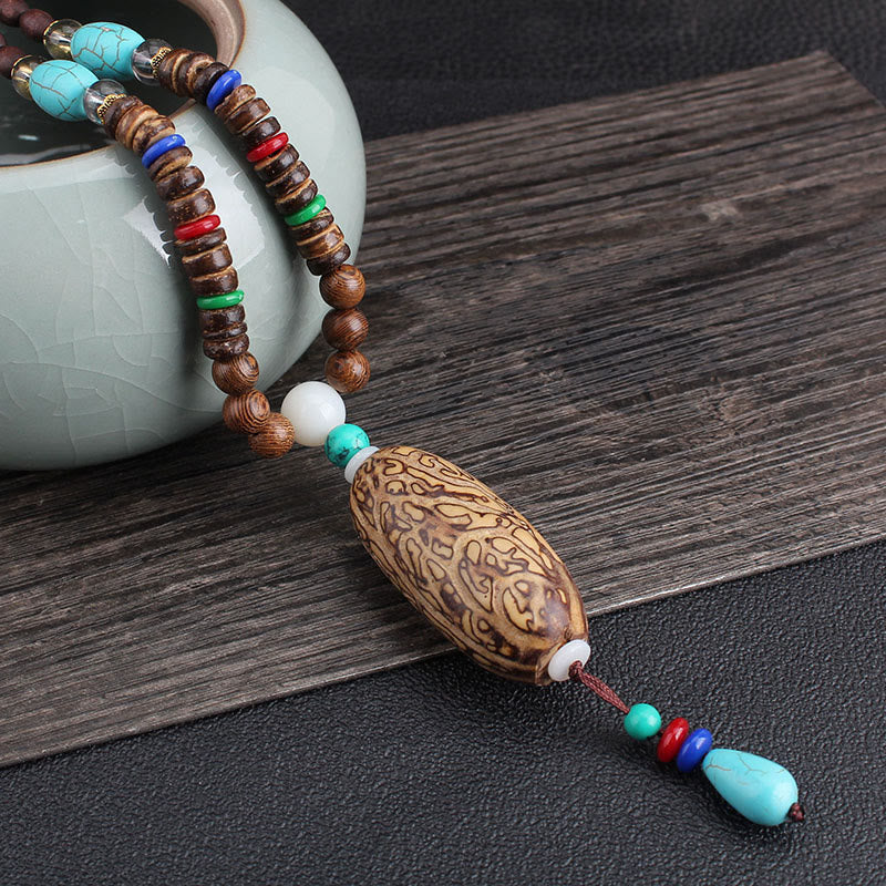 Mythstone Tibetan Wenge Wood Bodhi Seed Agate Balance Peace Necklace Pendant