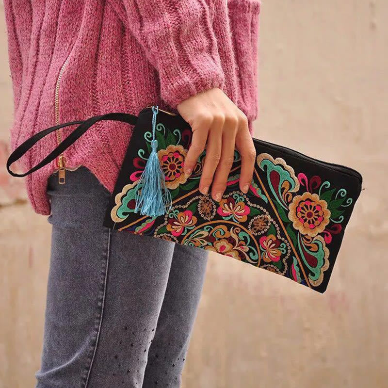 Mythstone Dragon Butterfly Cosmos Flower Embroidery Wallet Shopping Purse