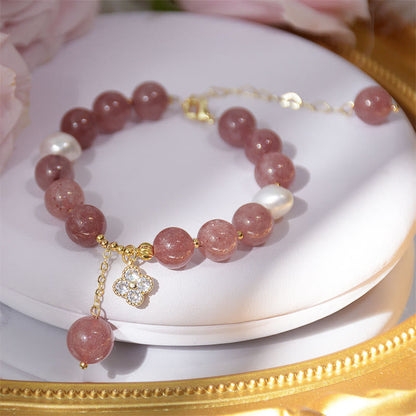 Mythstone Natural Strawberry Quartz Pearl Four Leaf Clover Love Bracelet