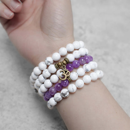 Mythstone 108 Mala Beads Amethyst White Turquoise OM Healing Meditation Energy Bracelet