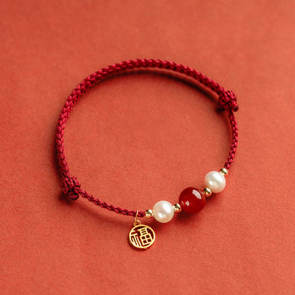 Mythstone 925 Sterling Silver Good Fortune Fu Character Agate Pearl Red String Braid Bracelet