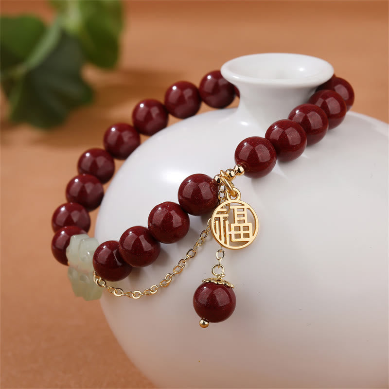 Mythstone Cinnabar Fu Character Hetian Jade Lucky Four Leaf Clover Blessing Bracelet