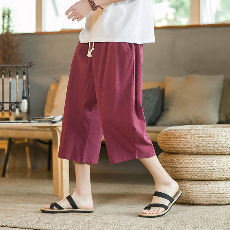 Mythstone Solid Color Mid-Length Wide Leg Pants Cotton Men's Wide Leg Pants With Pockets