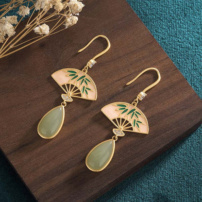 Mythstone Natural Green Aventurine Fan Pattern Luck Drop Earrings