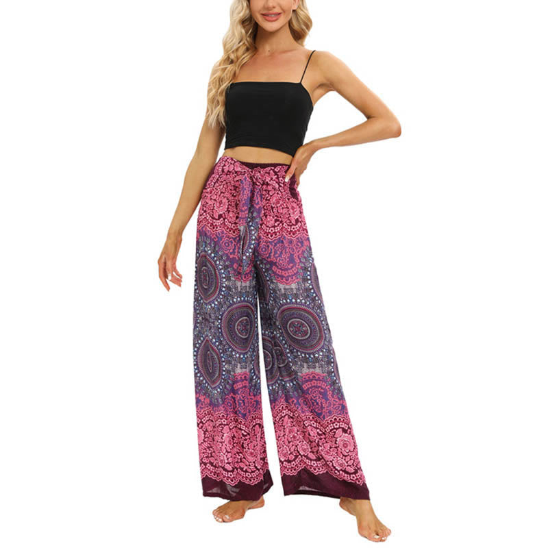 Mythstone Bohemian Mandala Flower Lace-up Wide Leg Pants Women's Yoga Pants