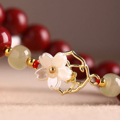 MythStone Natural Cinnabar Jade Beaded Tridacna Stone Flower Blessing Bracelet