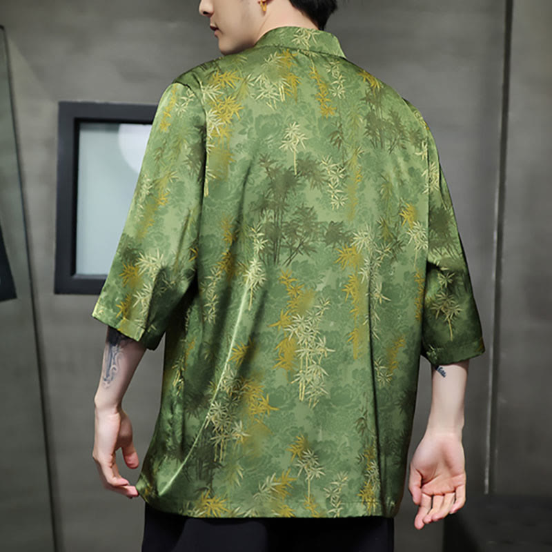 Mythstone Bamboo Leaves Pattern Chinese Half Sleeve Shirt Men T-shirt