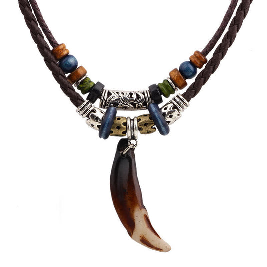 Mythstone Ethnic Wolf Tooth Pattern Beads Wealth Necklace Pendant