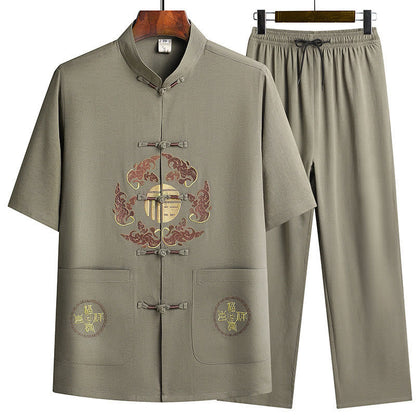 Mythstone Fu Character Tang Suit Hanfu Traditional Uniform Short Sleeve Top Pants Clothing Men's Set