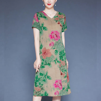 Mythstone V-Neck Green Red Peony Colorful Flowers Short Sleeve Midi Dress With Pockets