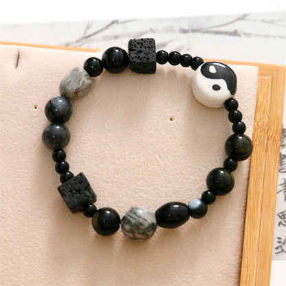 Mythstone Black Onyx Picasso Jasper Bead Yin Yang Fortune Protection Bracelet