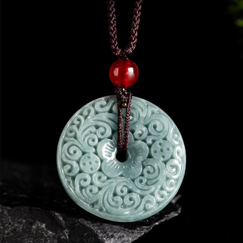 Mythstone Green Jade Flower Carved Peace Buckle Abundance Necklace Pendant