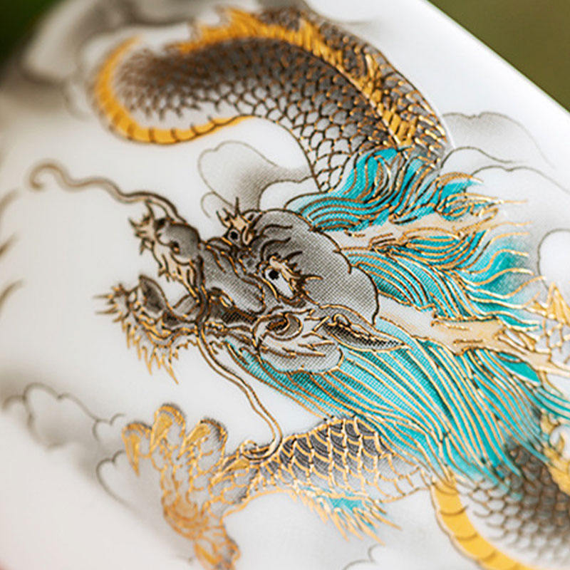 Mythstone Dragon Phoenix Auspicious Clouds Ceramic Teacup Kung Fu Tea Cup With Gift Box