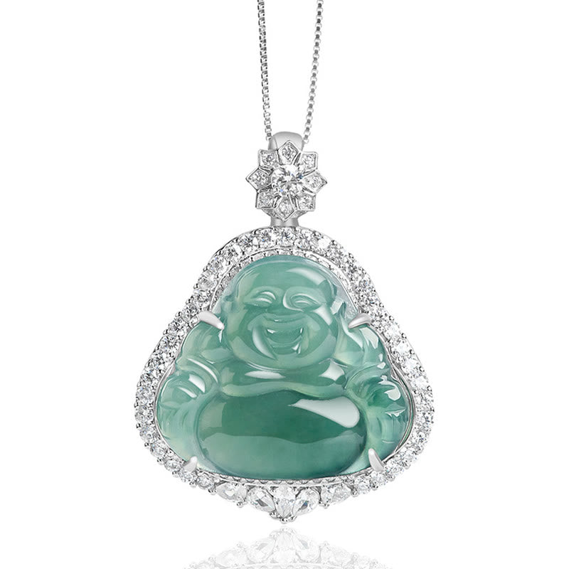 Mythstone 925 Sterling Silver Laughing Buddha Natural Jade Luck Abundance Chain Necklace Pendant